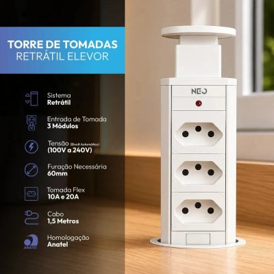 Torre 3 Tomadas Embutir Retrátil Elevor