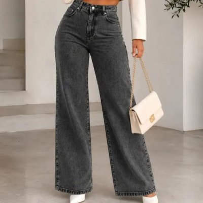 Calça Jeans Pantalona Wide Leg Cintura Alta Larga