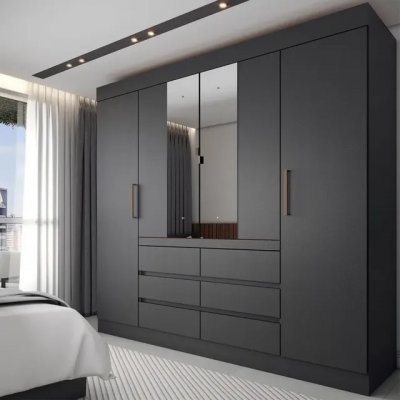Guarda-roupa Casal Honey 4 Portas 6 Gavetas com Espelho — Preto/Amêndola