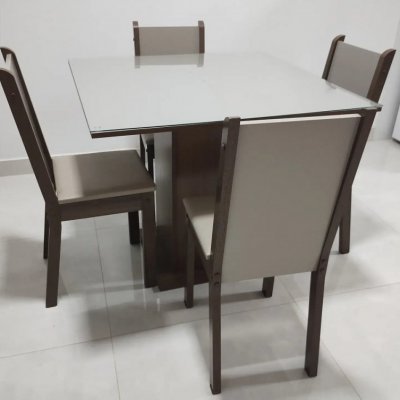 Conjunto Jantar Mesa Vidro 4 Cadeiras Bege