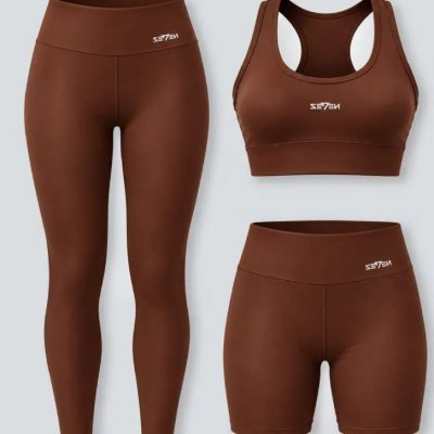 Kit Conjunto Fitness Top Nadador + Legging + Short
