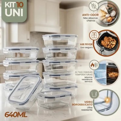 Kit 10 Pote De Vidro Marmita Hermético 640ml Freezer Fitness Rishon — Organização e conservação de refeições