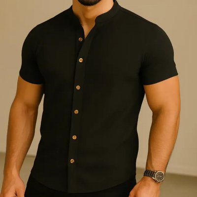 Camisa Manga Curta Gola Padre Masculina Festa Trabalho — visual sóbrio para ocasiões sociais e profissionais