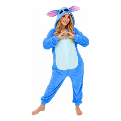 Pijama Macacão Kigurumi Stitch Feminino Adulto Plush com Zíper