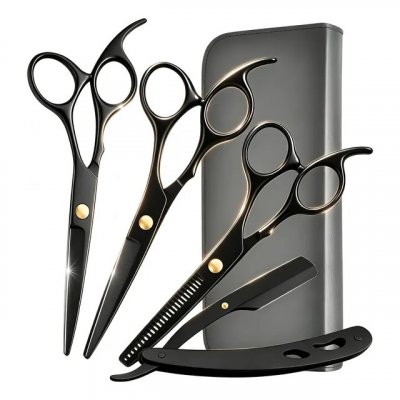 Kit 4 Tesoura Profissional Fio Laser Navalha Desfiadeira Preto - 4 Peças