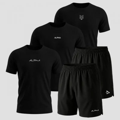 Kit 5 Peças All Black Dry — 3 Camisetas e 2 Bermudas Alpha