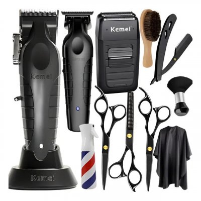 Kit Máquina de Cortar Cabelo Kemei e Tesoura Profissional Preto 127/220v