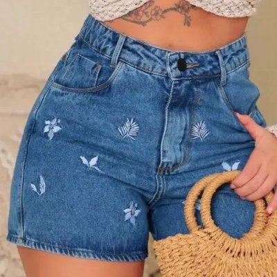 Short Jeans Mom Feminino Boyfriend Bordado Cintura Alta 100% — estilo e conforto em denim