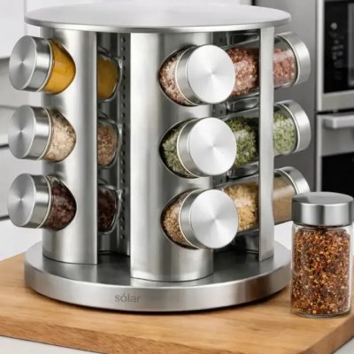 Porta Tempero Condimentos Giratório 12 Potes Inox Luxo Prata — Organização giratória em aço inox