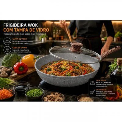 Frigideira Wok Antiaderente Cerâmica 28cm 4L com Tampa de Vidro — Cook Cerâmica Granito Cinza