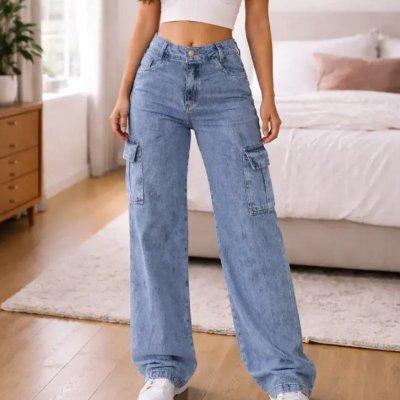 Calça Cargo Wide Leg Cintura Alta Jeans Stillger