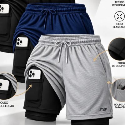 Kit 3 Bermudas 2 Em 1 Short Duplo Masculino Academia Treino Preto-cinza-marinho Liso G — Conforto e Versatilidade para o Treino