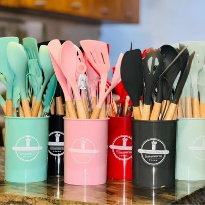 Kit 12 Utensílios de Cozinha Silicone Cabo Madeira