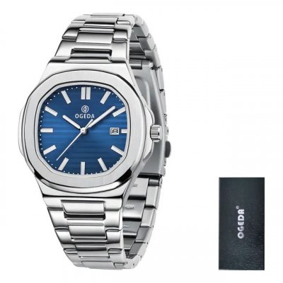 Relógio Ogeda para homens — elegante com pulseira e moldura prateadas e fundo azul
