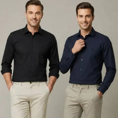 Kit 2 Camisas Slim Fit Polo Wear Preto / Marinho P