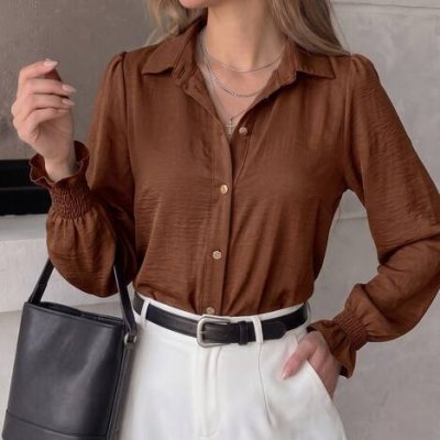 Camisa Social Feminina Manga Longa Bufante Lastex Botões Duna
