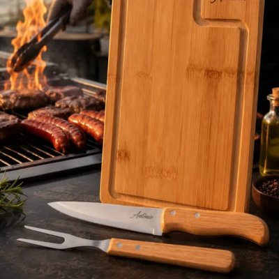 Kit Para Churrasco Tábua Faca Garfo Com Nome — conjunto personalizado para churrasco
