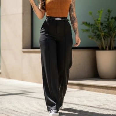 Calça Feminina Pantalona Cintura Alta com Cinto