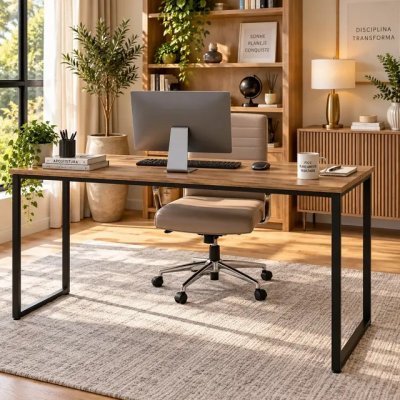 Mesa Escritório 150x60 — Estrutura Ferro Reforçado e Tampo com Lâmina Preto
