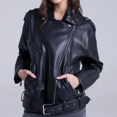 Sawary Jaqueta Feminina Couro PU Biker — Preto G Liso