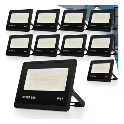 Kit 10 Refletor Led 300w Holofote Bivolt IP67 6500K Preto - Branco-frio