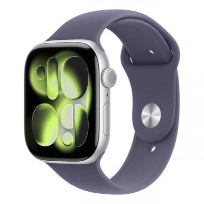 Apple Watch Series 11 GPS — Caixa prateada de alumínio 46 mm com Pulseira esportiva roxo-névoa (M/G)