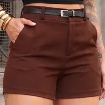 Shorts Alfaiataria Feminino Social Cintura Alta Bolsos Verão