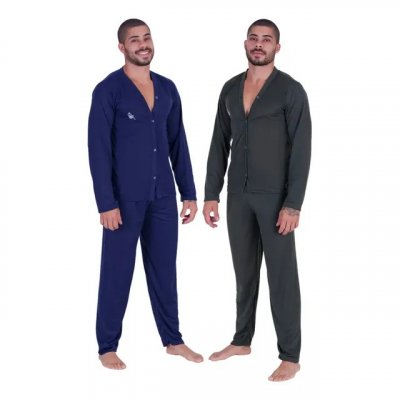 Kit 2 Pijamas Masculino Longo Botão Aberto Confortável — Conjunto de 2 unidades para descanso
