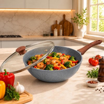 Frigideira Wok Cerâmica Granito 28 cm com Tampa