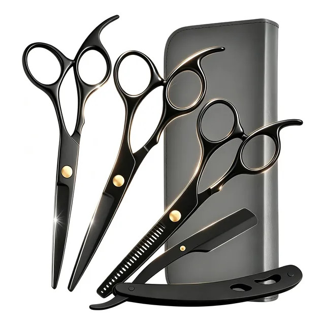 Kit 4 Tesoura Profissional Fio Laser Navalha Desfiadeira Preto - 4 Peças