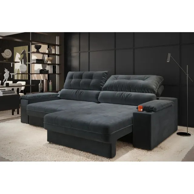 Sofá Retrátil Reclinável 4 Lugares Serena (Grafite) — 2,30m, Molas Ensacadas e Suede