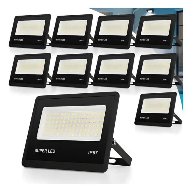 Kit 10 Refletor Led 300w Holofote Bivolt IP67 6500K Preto - Branco-frio