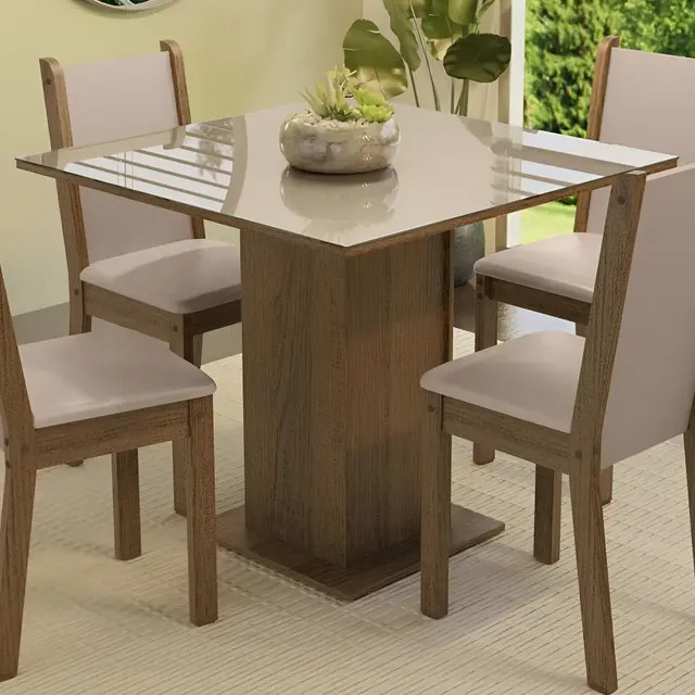 Sala de Jantar Tifani Madesa — Mesa com Tampo de Vidro e 4 Cadeiras (Rustic/Crema/Sintético Bege)