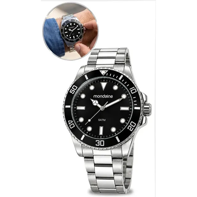 Relógio Prata Masculino Mondiane 32549g0mvne1 — correia prateada e fundo preto