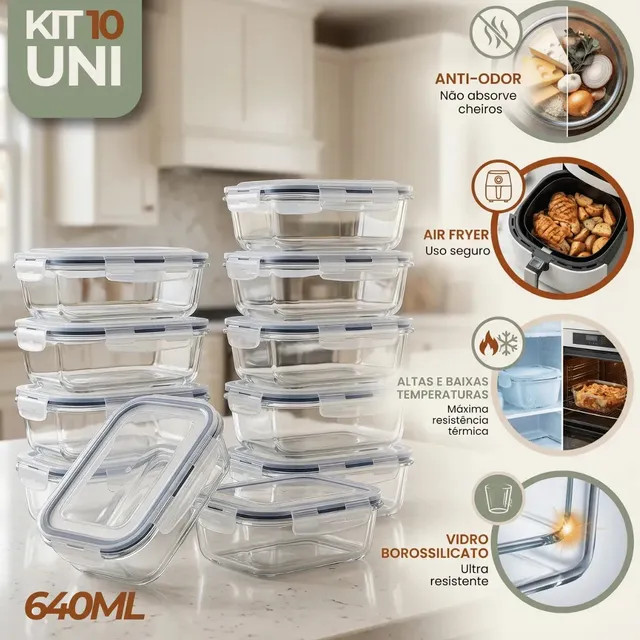 Kit 10 Pote De Vidro Marmita Hermético 640ml Freezer Fitness Rishon — Organização e conservação de refeições