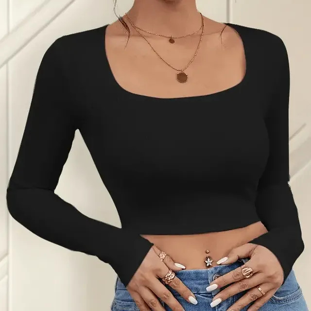 Cropped Feminino Decote Quadrado Manga Longa Preto Gg — Cropped de decote quadrado em preto