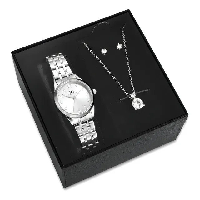 Kit Relógio Colar e Brincos Ponto De Luz Feminino Luxo Silver Saint Germain 28mm — Elegante e Clássico