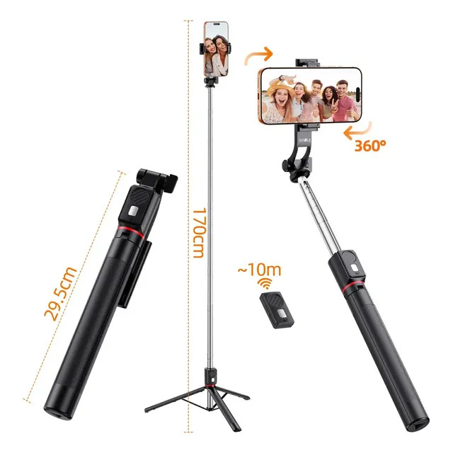 1.7M Tripé De Celular bem como Bastão De Selfie Inova (Cor Preto) — Extensível com Controle Remoto Destacável
