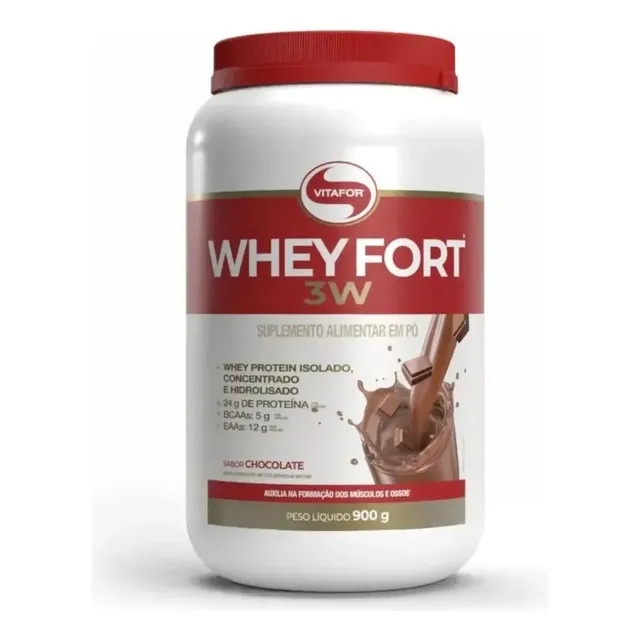 Whey protein Vitafor Fort 3W 900g sabor Chocolate — suplemento proteico 3W em embalagem de 900 g