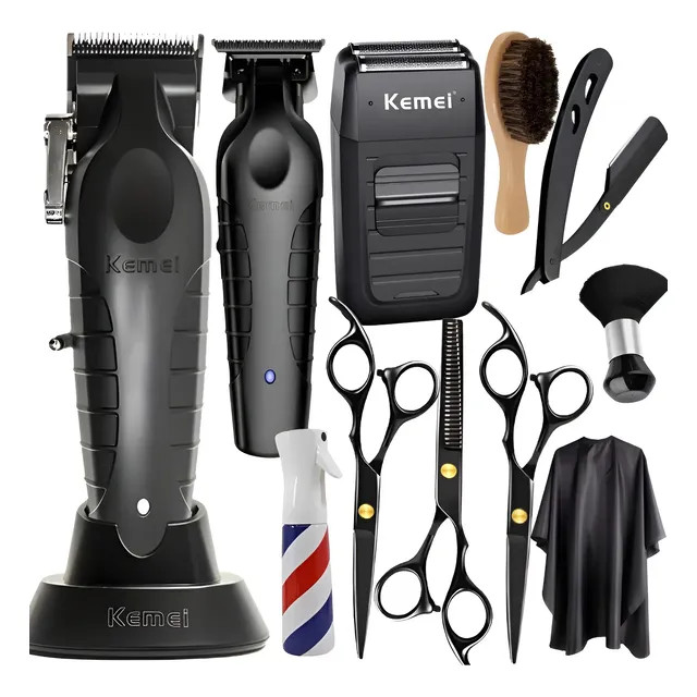 Kit Máquina de Cortar Cabelo Kemei e Tesoura Profissional Preto 127/220v