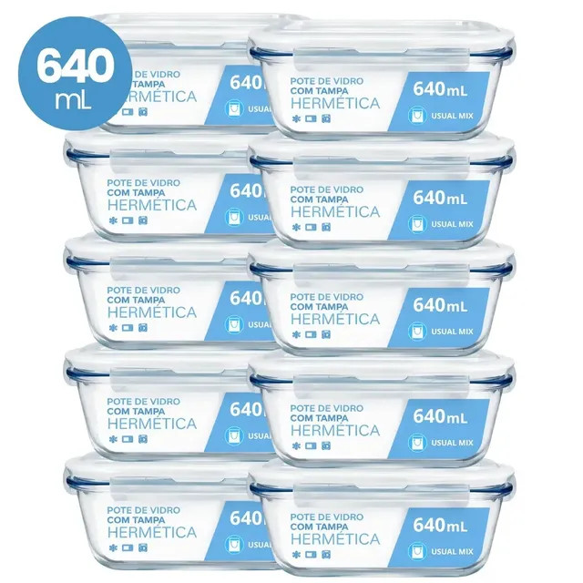 Kit 10 Pote Vidro Hermético Marmita 640ml — para micro-ondas, freezer e forno