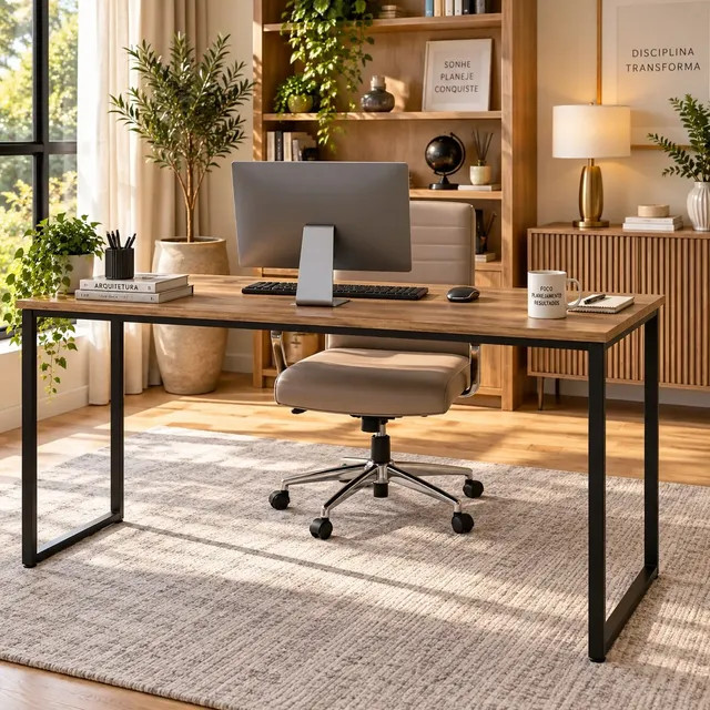 Mesa Escritório 150x60 — Estrutura Ferro Reforçado e Tampo com Lâmina Preto