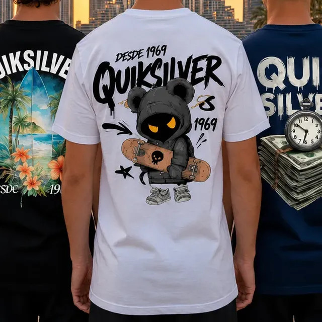 Kit 3 Camiseta Quiksilver Básica Masculina 100% Algodão — Preto, Bege e Branco (G)