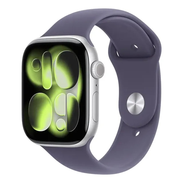 Apple Watch Series 11 GPS — Caixa prateada de alumínio 46 mm com Pulseira esportiva roxo-névoa (M/G)