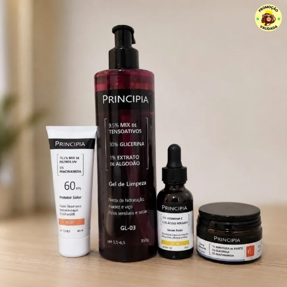 Kit Essencial Principia Peles Sensiveis Gel de Limpeza GL-03 Creme Hidratante CH-01 Serum Vitamina C VC-10 Protetor Solar PS-01