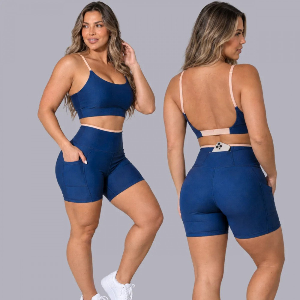 Conjunto Fitness Top e Short Azul Areia GG