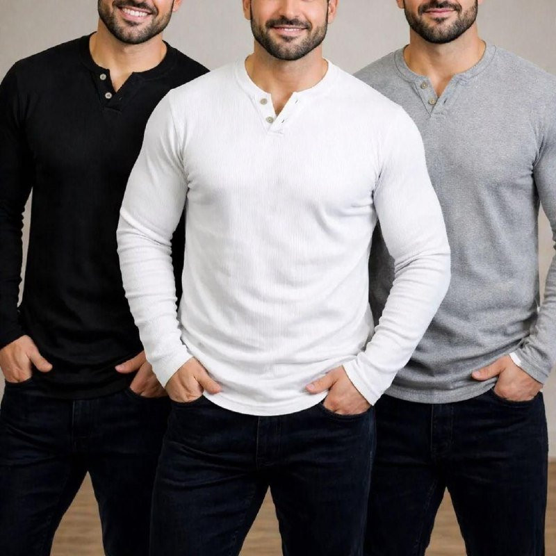 Kit com 3 Camisetas Henley Manga Longa