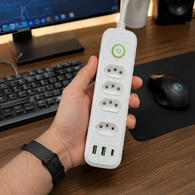 Extensão 5 Tomadas 2 Usb 1 Pd Led Bivolt Power 110v/220v