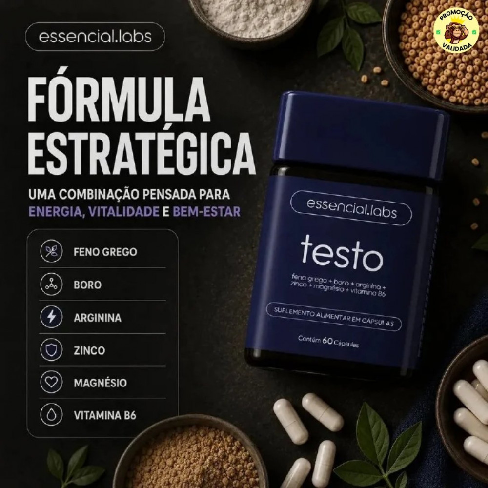 TESTO ESSENCIAL - Fórmula Exclusiva com Feno Grego + Boro + Arginina + ZMA + Vitamina B6 - 60 cápsulas - Precursor da Testosterona