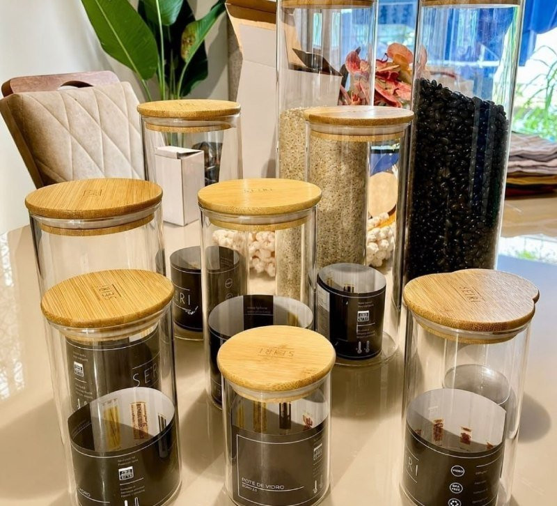 Kit 10 Potes Herméticos Vidro Tampa Bambu Seiri